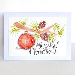 Merry Christmas Blank Greeting Card Original Handmade Watercolor Artwork Signed